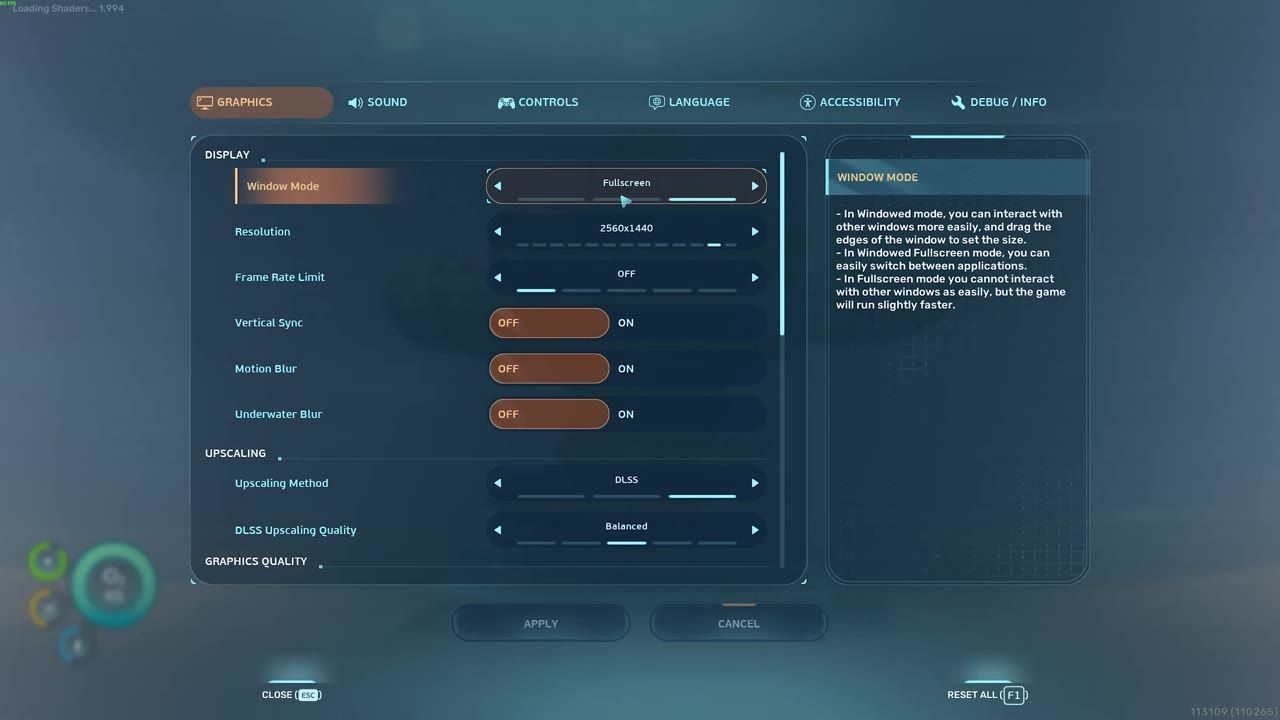 Graphics settings menu showing display options including resolution, frame rate limit, vertical sync, motion blur, and underwater blur settings.