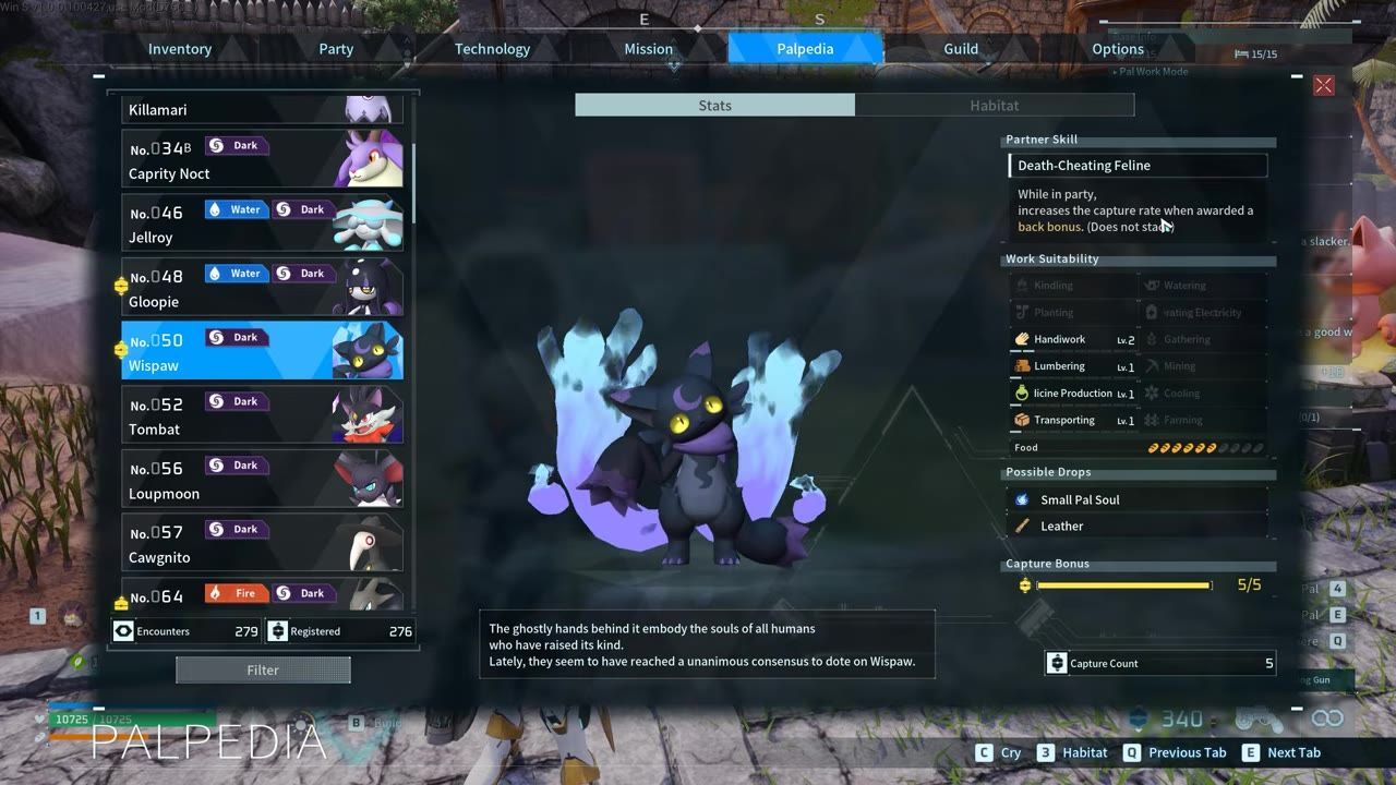 Character screen showing Wispaur with its stats and capture bonus skill displayed.