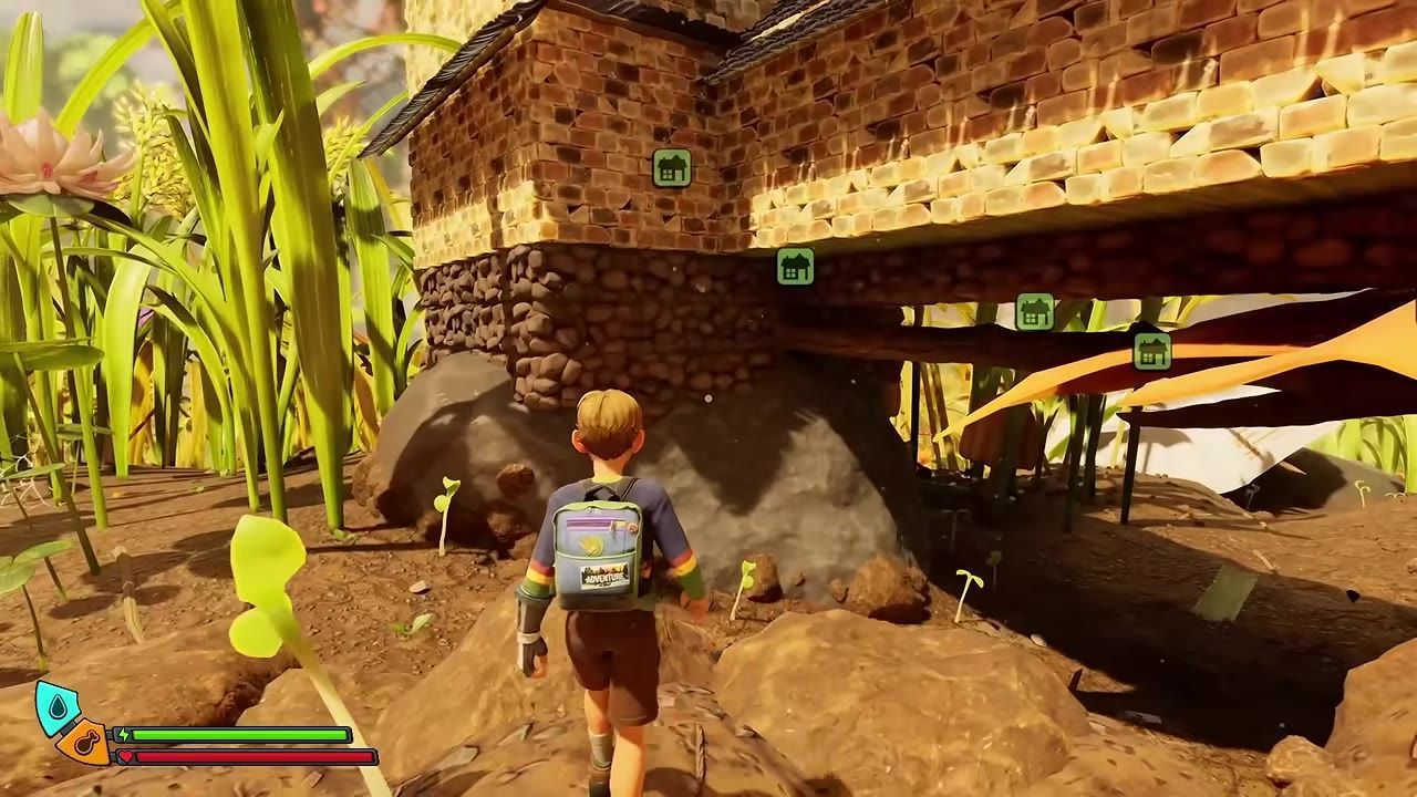 A character approaches a brick-built base elevated on a rocky terrain surrounded by grass.