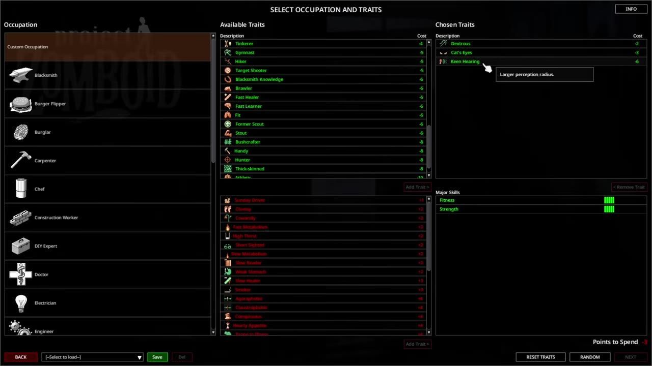 Trait selection screen showing chosen traits including Keen Hearing, with various traits listed and their effects detailed.