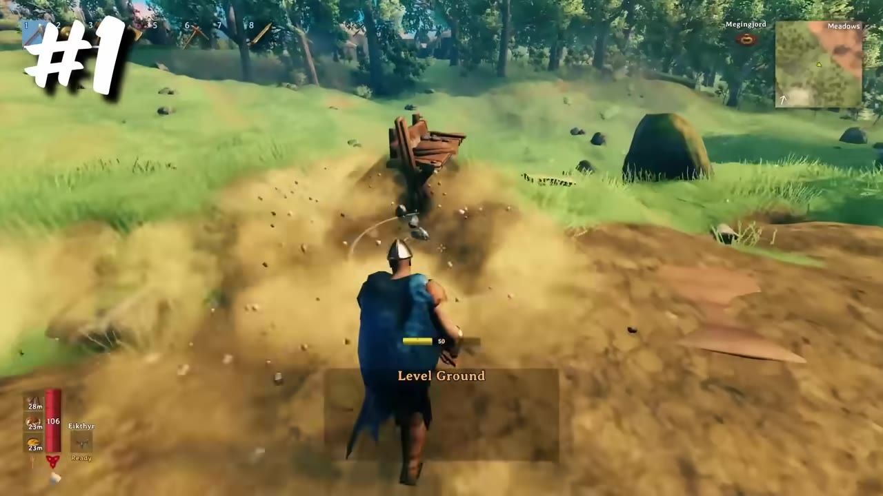 A character works on leveling terrain in a grassy area using a tool.