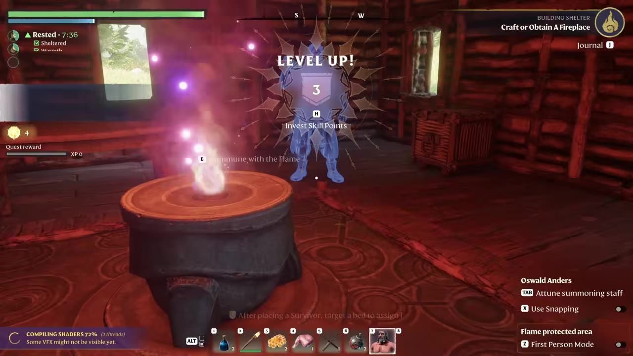 Inside a wooden shelter, a lit flame altar sits in the foreground while a level-up notification and building shelter prompt overlay the scene.