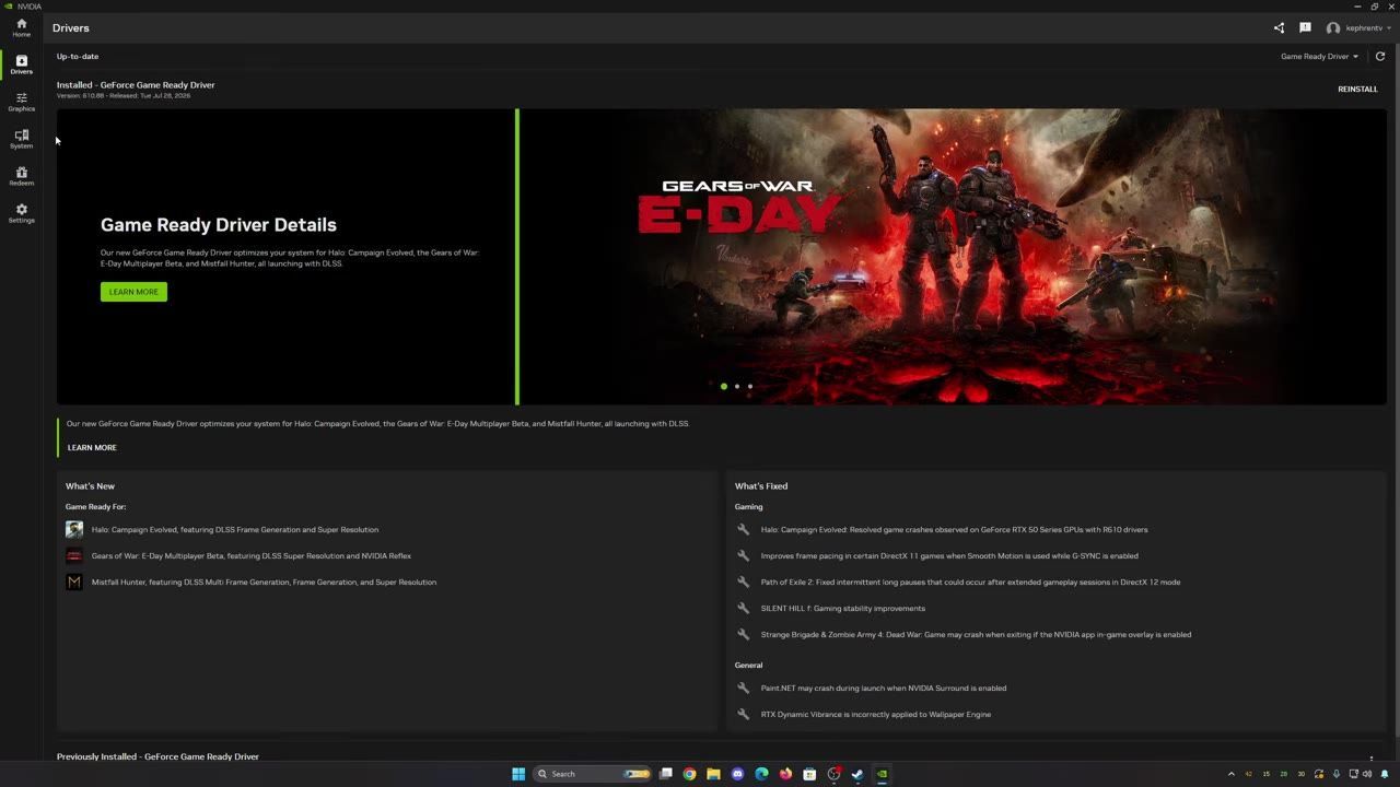 Nvidia GeForce Experience interface showing driver update details and game optimization info.