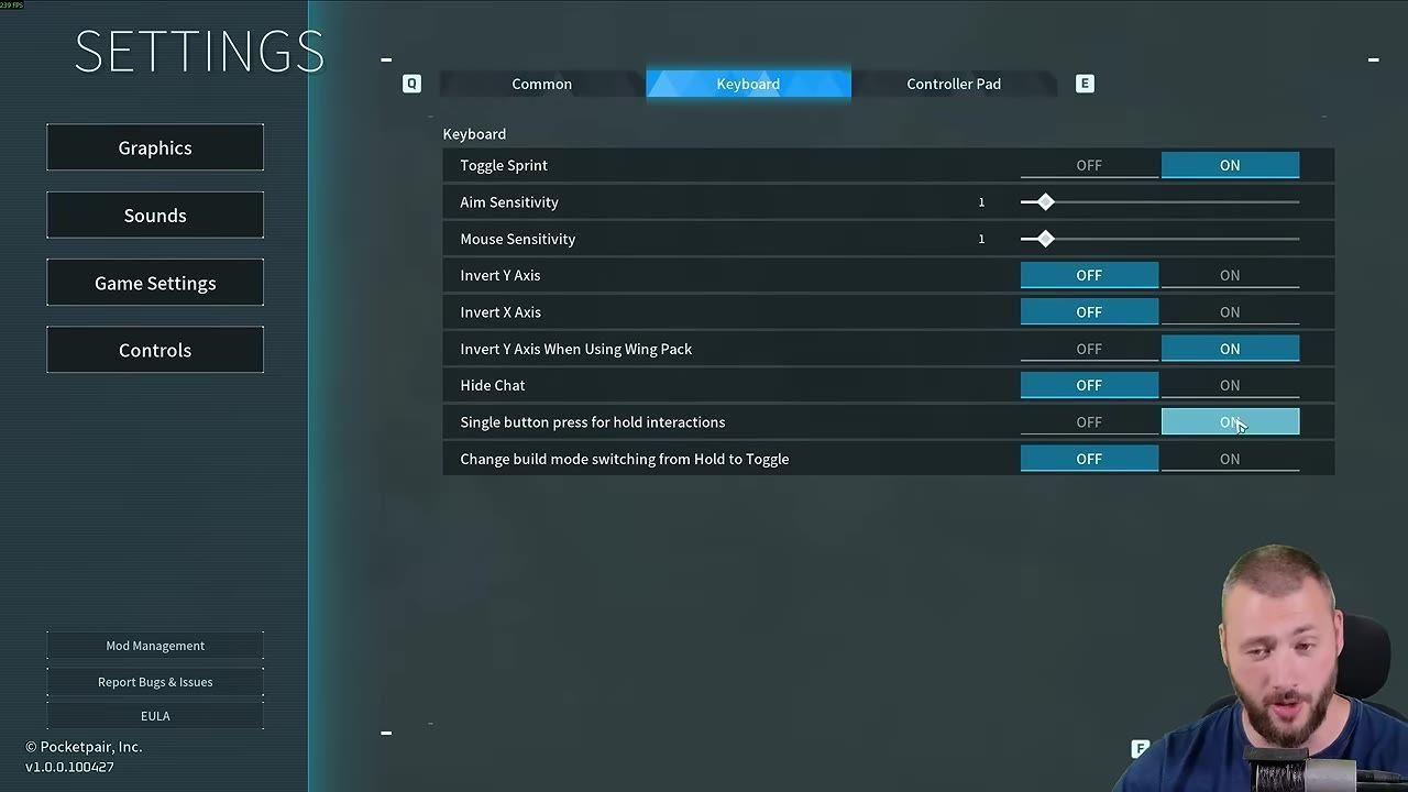 Game settings menu with options for configuring controls, including 'Single button press for hold interactions' set to ON.