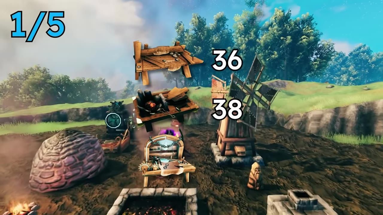 A crafting station surrounded by various items and upgrade components in an outdoor environment.