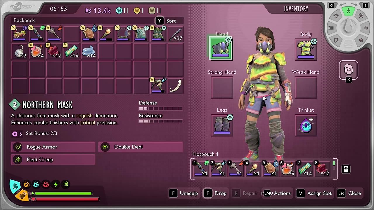 A video game inventory menu showing equipped rogue armor and a trinket.
