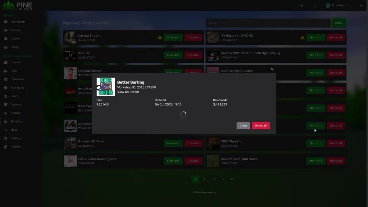 A server panel interface displaying mod management options for Project Zomboid.