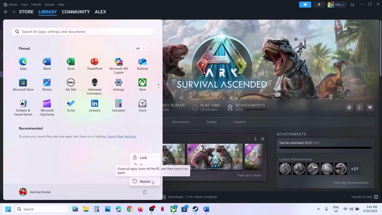 Windows desktop screen with the Start menu open, displaying the Restart option.