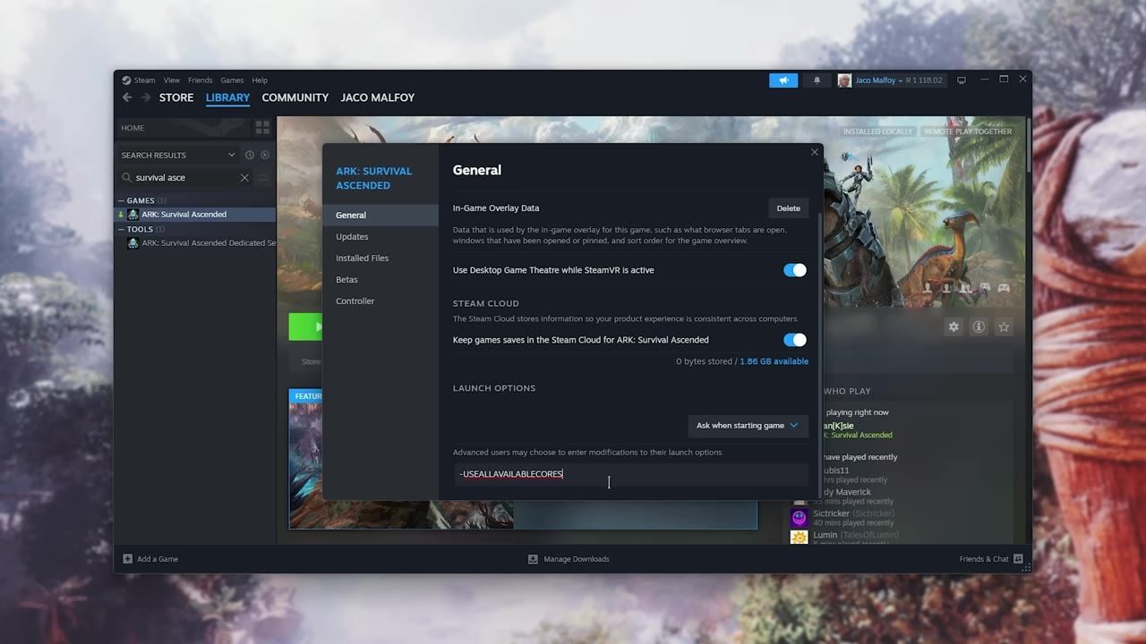 Steam properties page for ARK showing the launch options field set to '-USEALLAVAILABLECORES'.