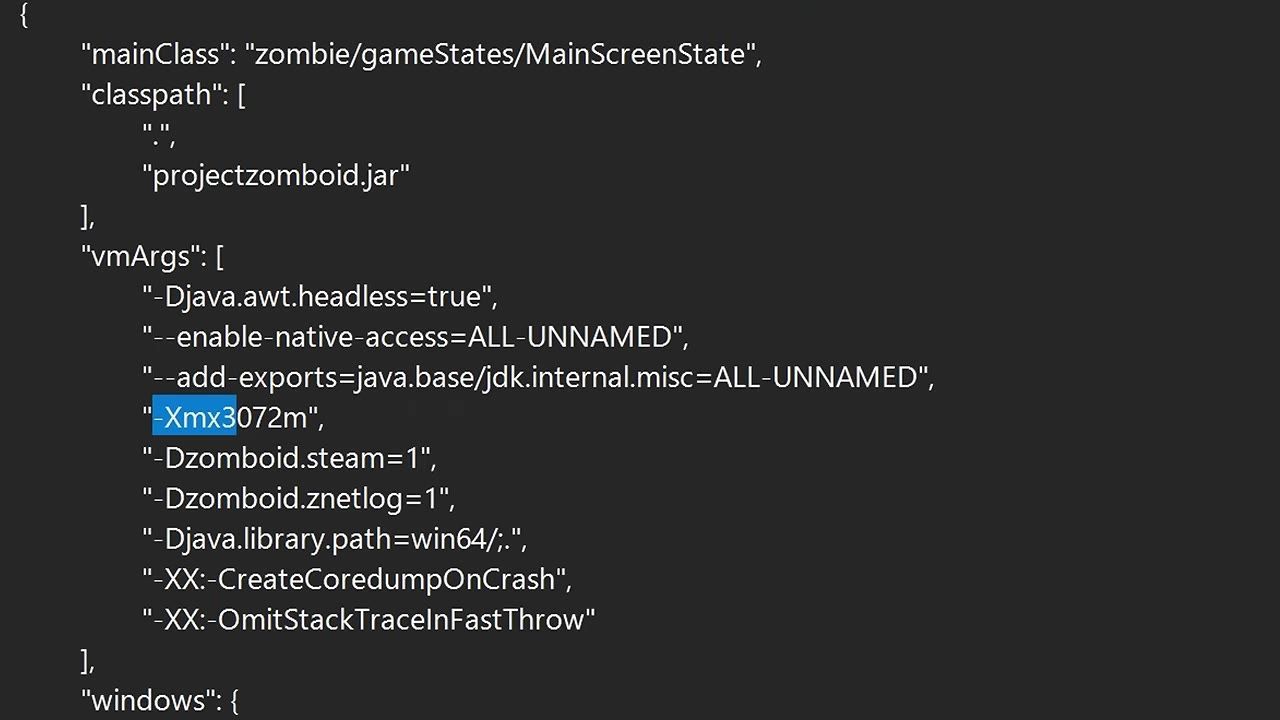 A JSON configuration file with various settings for Project Zomboid, including the RAM allocation line highlighted.