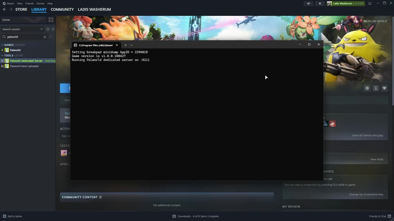 A computer screen showing Palworld's dedicated server tools running on Steam with the server terminal active.