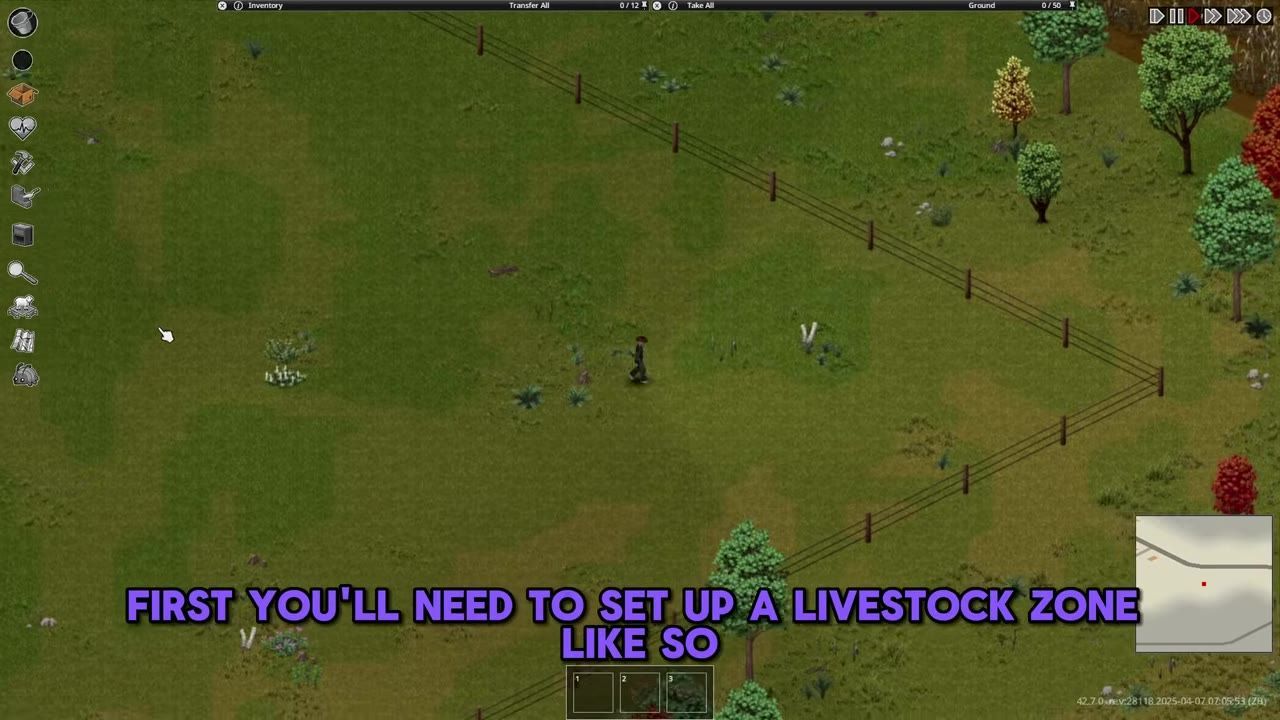 An area in a game with a fenced boundary and scattered vegetation, showing a potential livestock zone.
