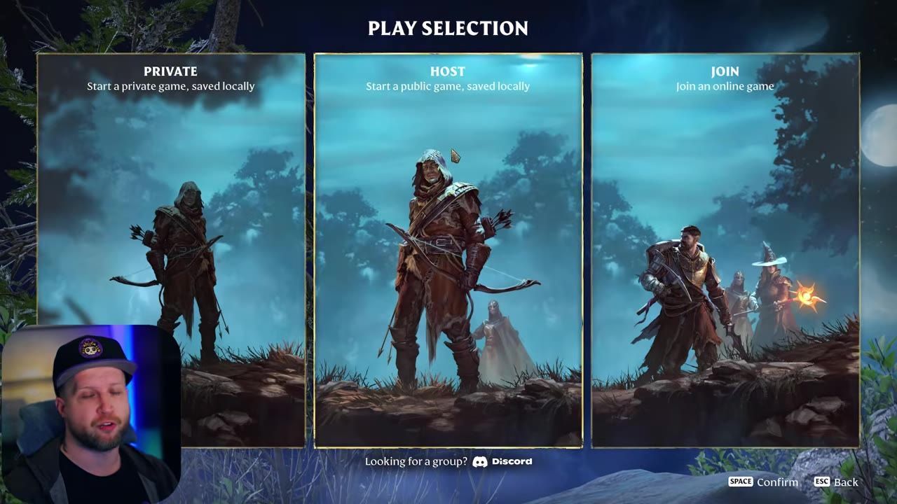 Three game mode options are displayed: private, host, and join, with character illustrations.