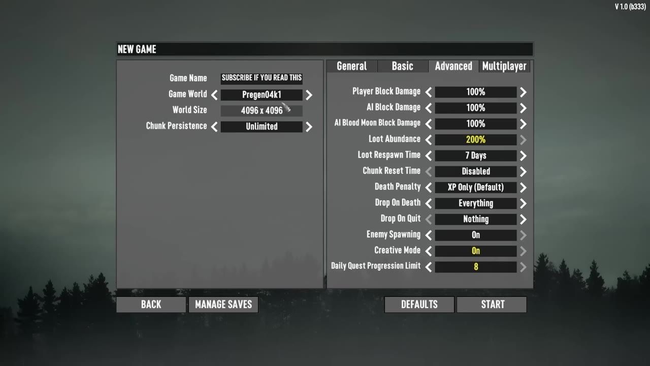 Settings menu displaying survival options including player block damage and quest progression limits.
