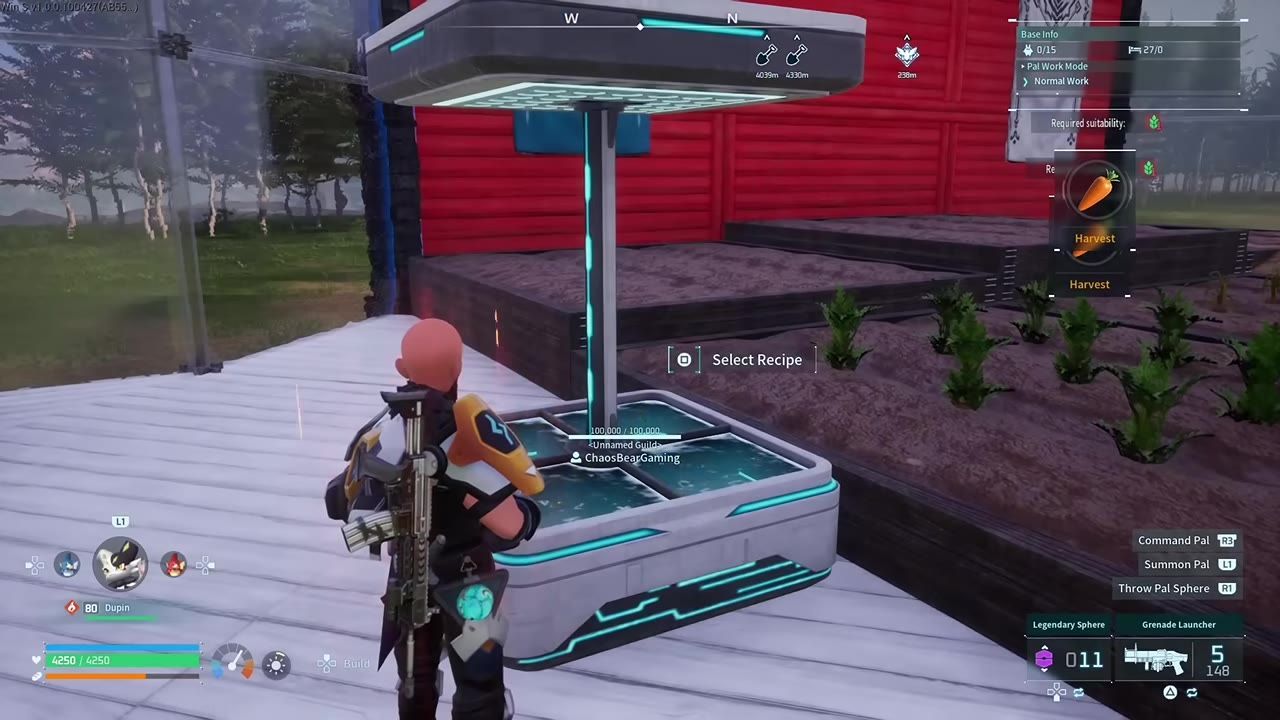 Game character standing near a futuristic farming automation system at a farming plot.