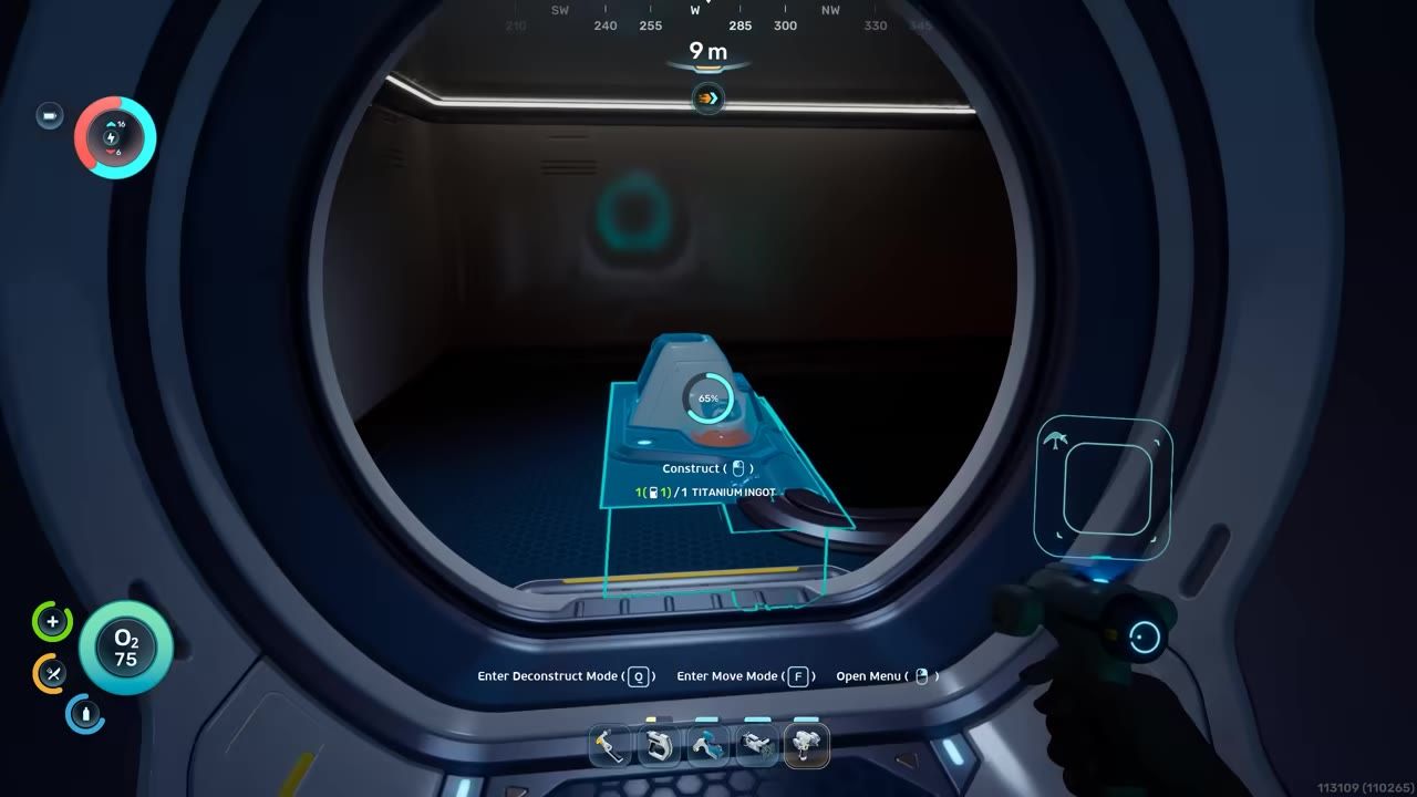 A Habitat Builder hologram is aimed at a doorway inside an underwater base module, showing a build preview and titanium ingot requirement.