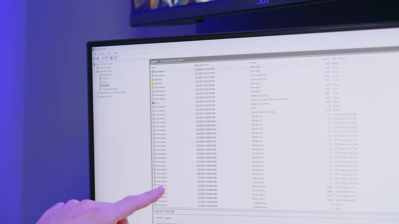 Computer screen showing the Windows Event Viewer application with logs listed.