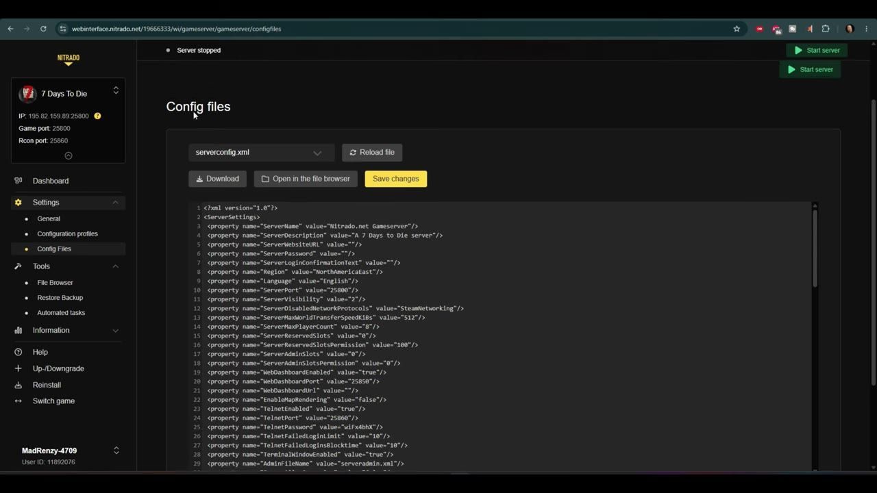 A server management interface showing configuration files on the right and settings menu on the left.