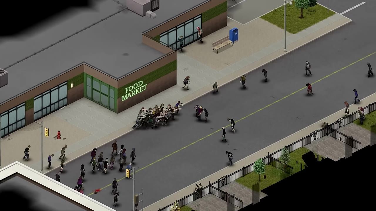 A top-down view shows a Food Market surrounded by many zombies moving along a city street and sidewalk.