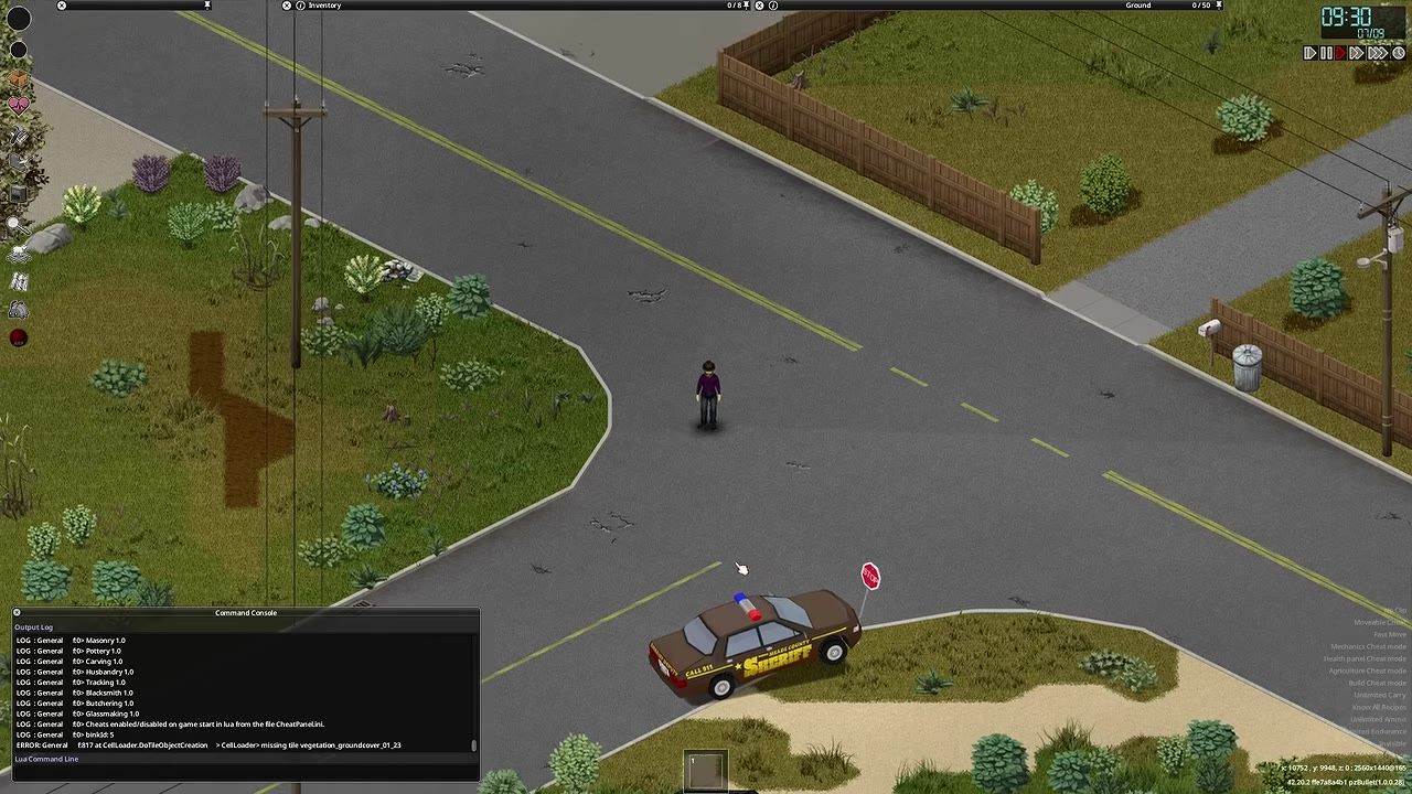 A top-down view of a character standing in the middle of a road near a sheriff's car, with the game interface and command console visible.