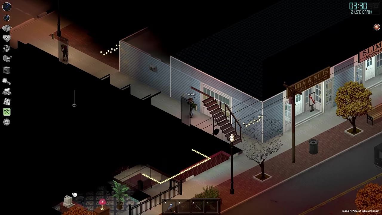 An isometric view shows a building interior and exterior at night with some rooms darkened by fog of war, a character standing by a doorway, stairs along the side, and street storefronts visible outside.