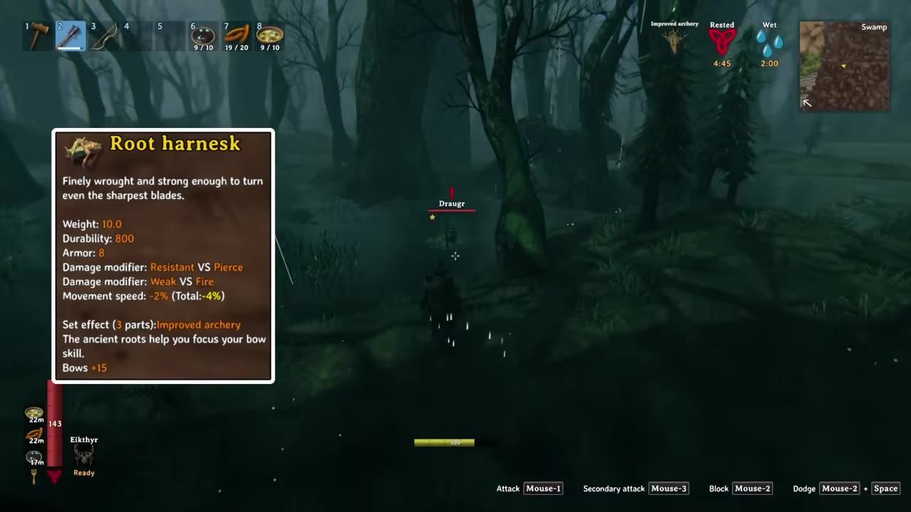 Game character wearing armor and encountering an enemy in a swamp location, with an armor tooltip visible.