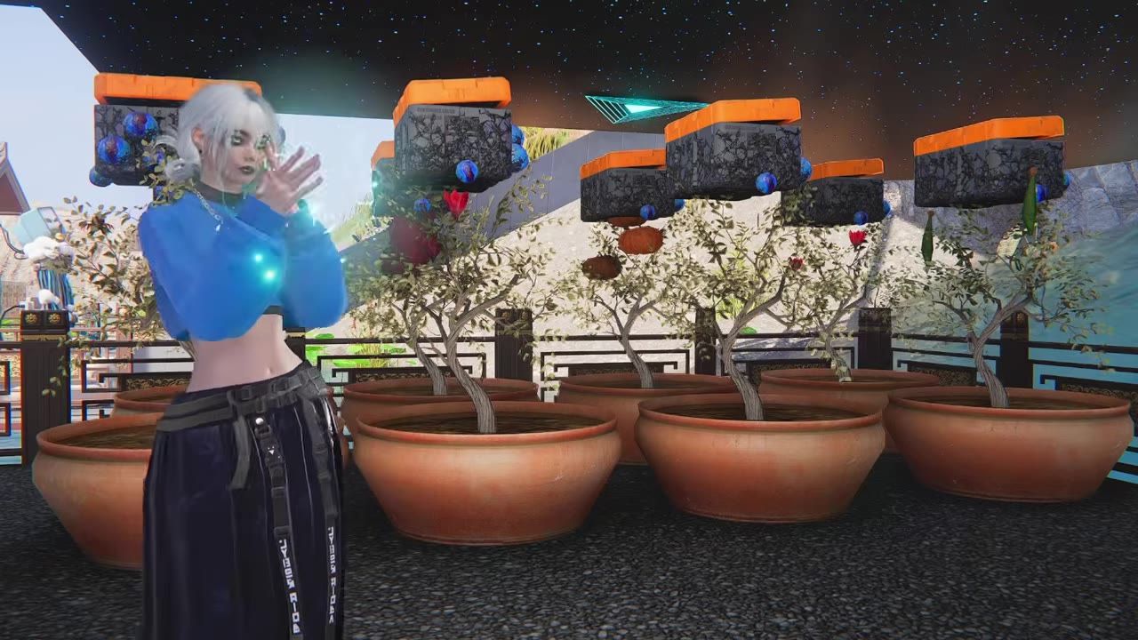 A character stands in a decorated base area with rows of potted plants and several ceiling-mounted defensive devices overhead.
