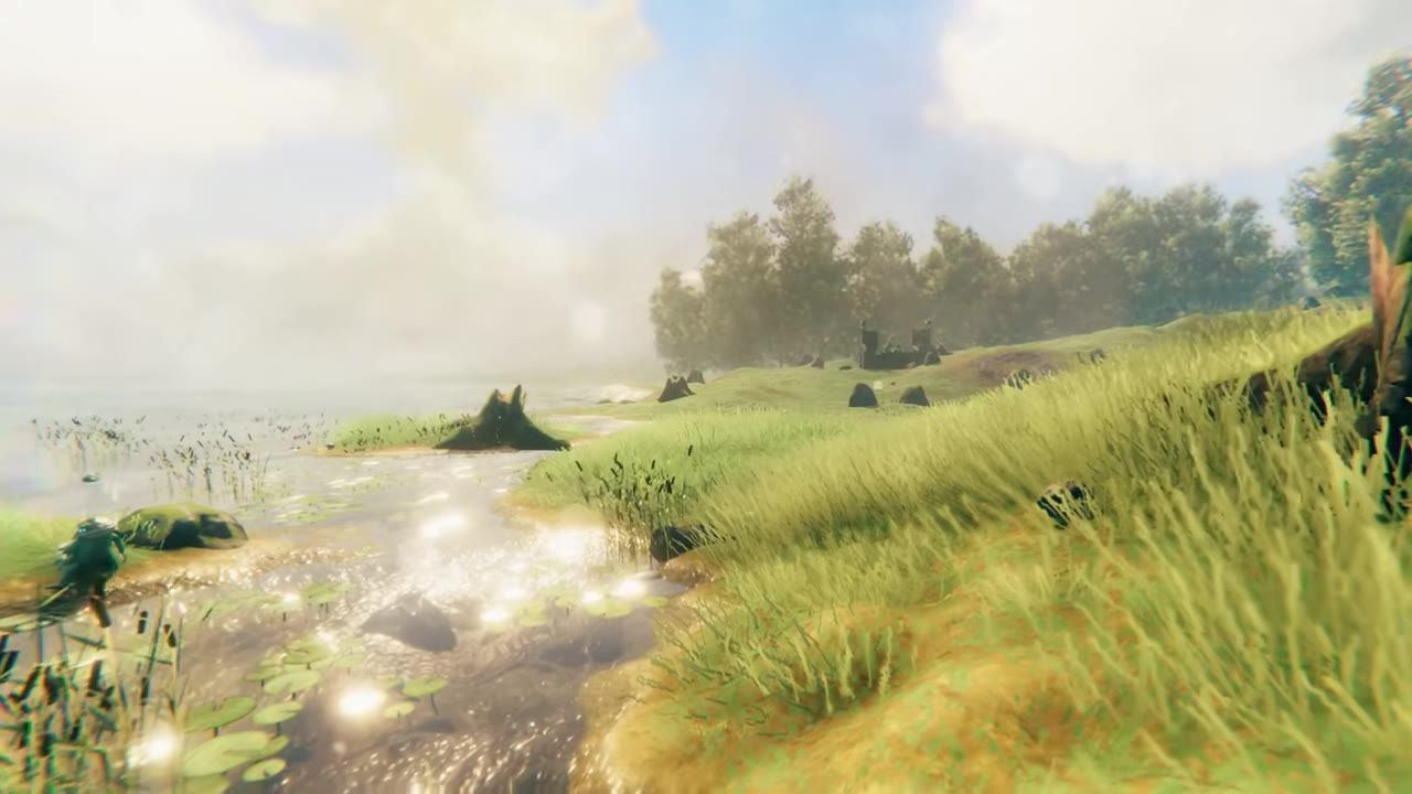A scenic view of the Meadows biome featuring lush green grass, trees, and a sparkling water body.