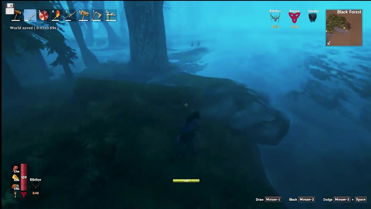A game character standing on grassy terrain near a foggy swamp-like area.