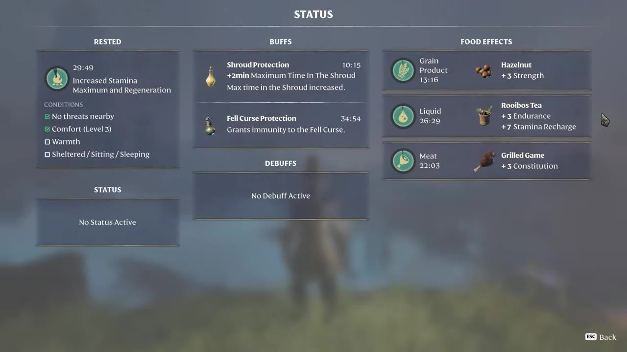 A status screen displaying buffs, debuffs, and food effects including specific foods and their benefits.