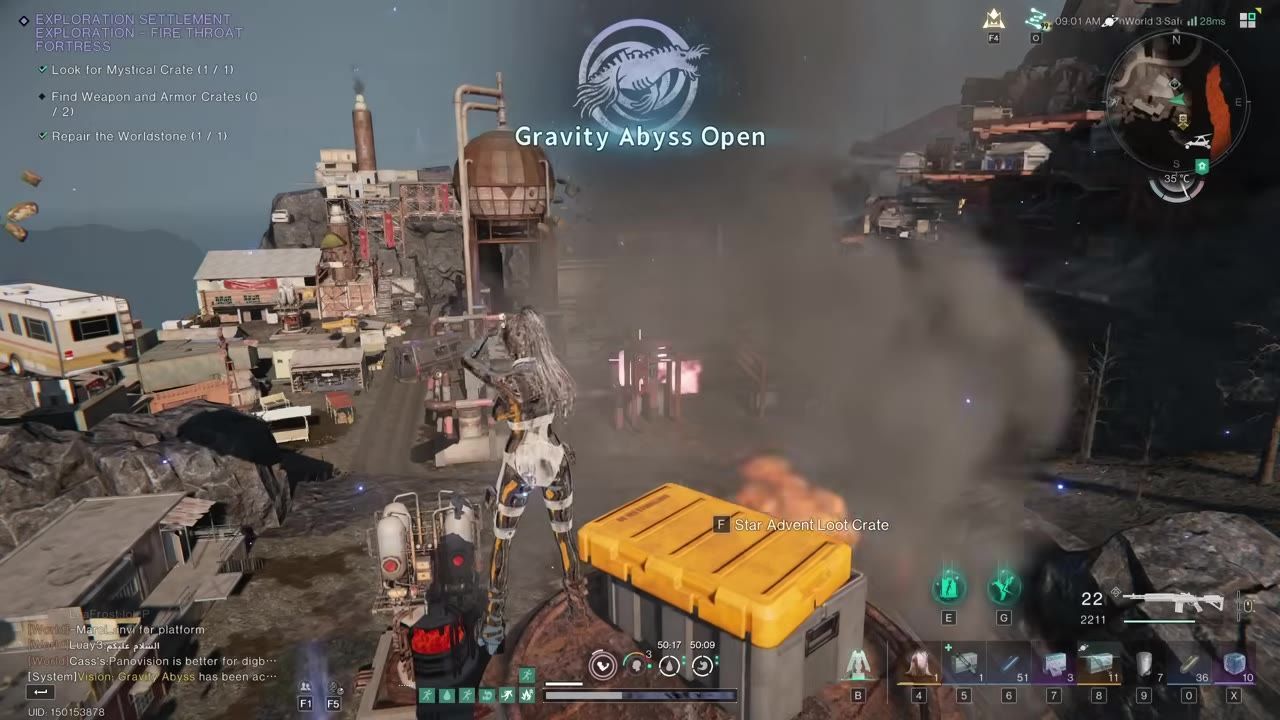 Game screen showing a settlement with the Gravity Abyss symbol above it.