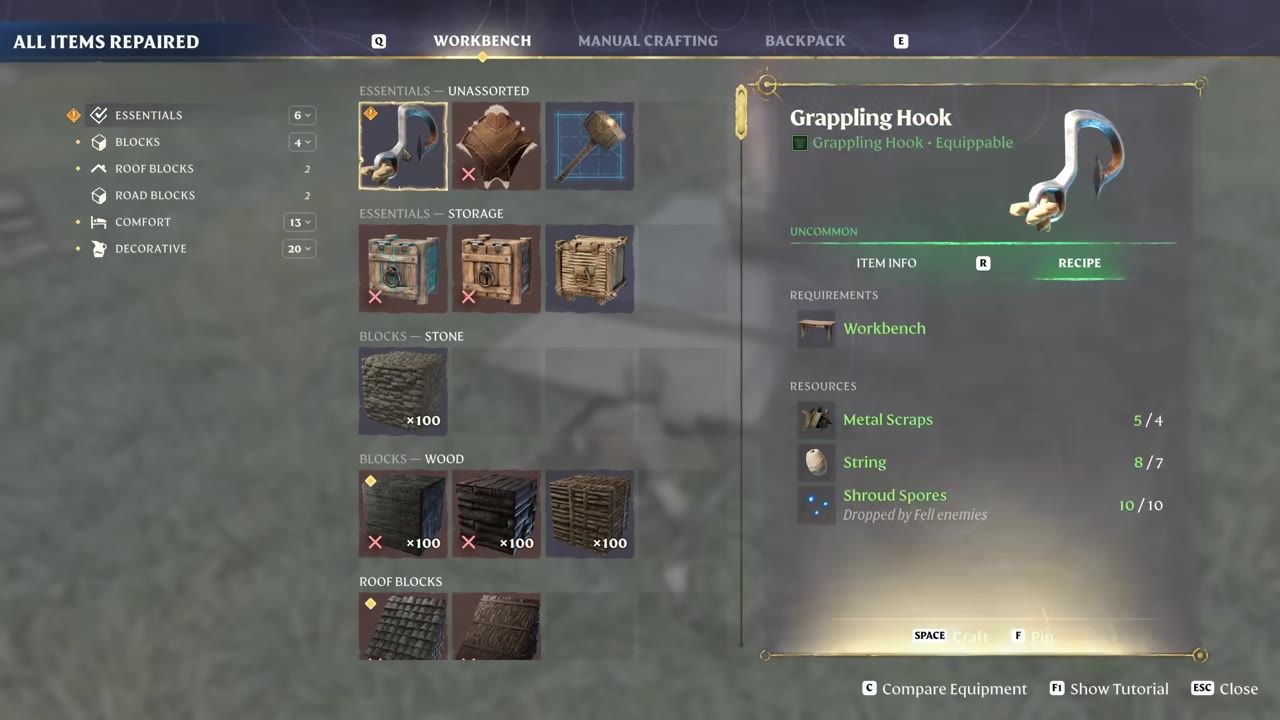 A game interface showing a crafting bench menu with recipes for tools and items.