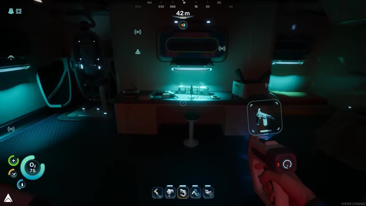 A scanning tool is being aimed at an object in a room, likely used to unlock its blueprint.