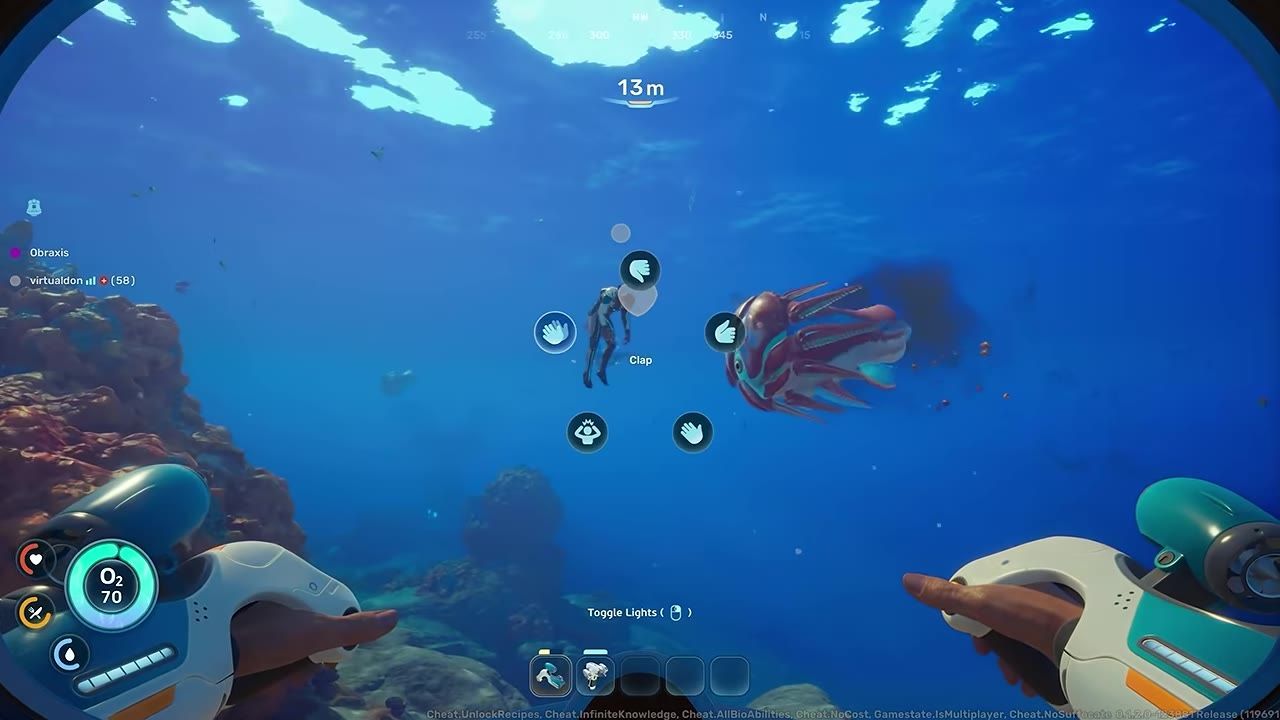 A view of an underwater scene showing the emote radial menu with hand symbols for different actions.