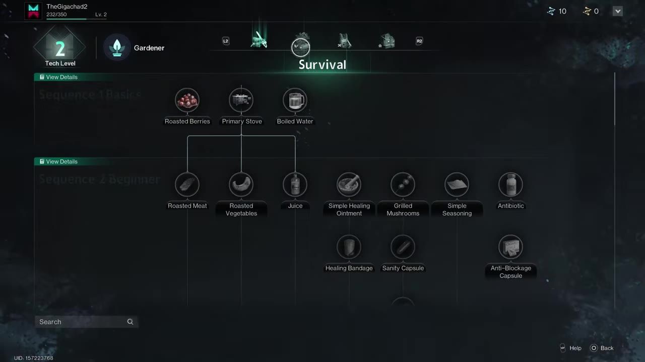 A user interface screen showing the tech tree related to crafting survival items.