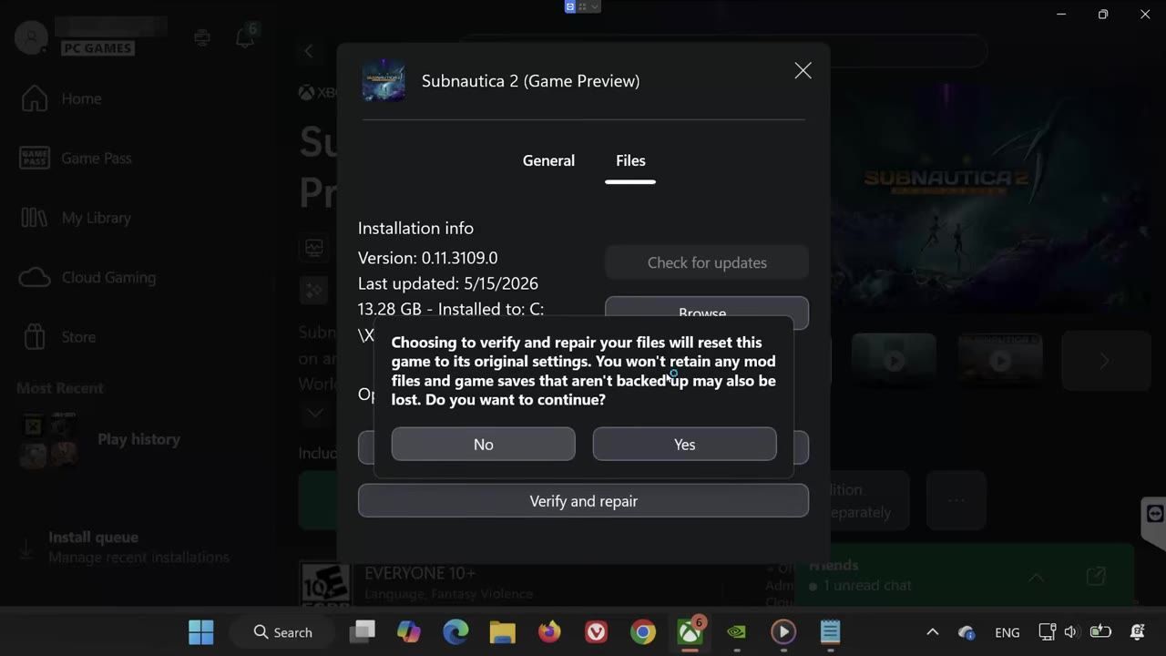 View of a game launcher showing the files tab with installation details and a verify and repair option.