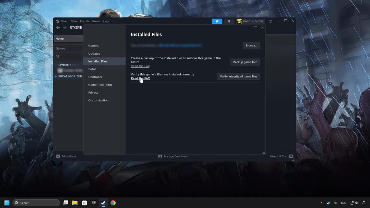 Interface of the Steam application showing the Installed Files section with a 'Verify integrity of game files' button.