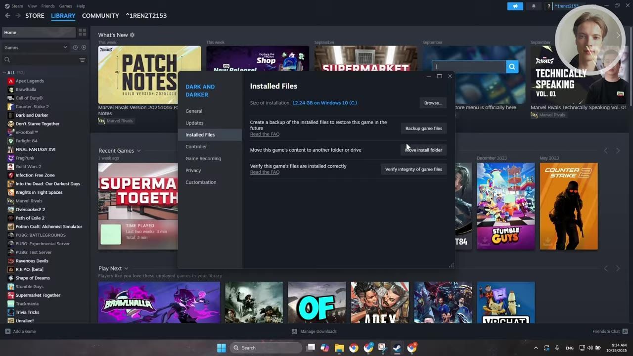 A Steam menu showing the Installed Files section, including the 'Verify integrity of game files' option.