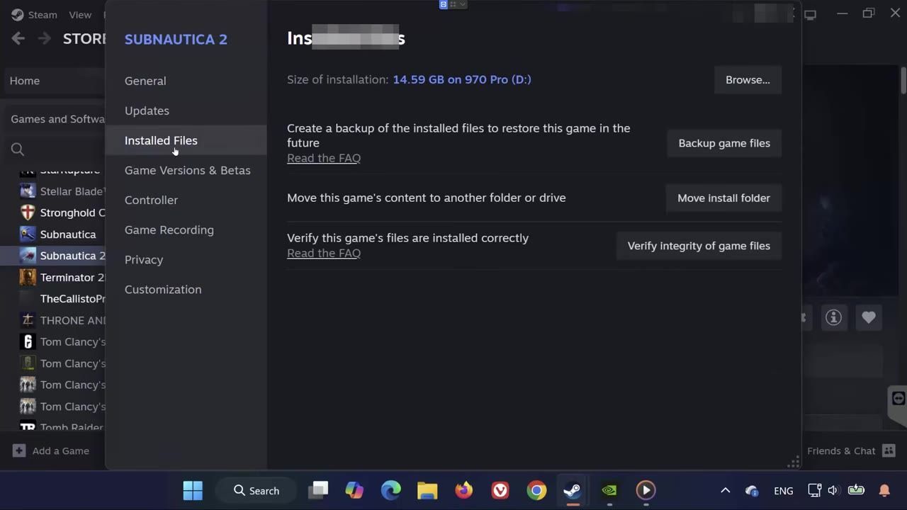 Steam properties menu with Installed Files tab open, showing the Verify integrity of game files option.