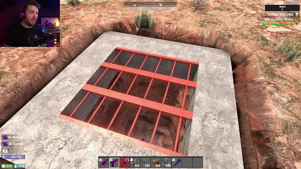 A 7 Days to Die underground opening is covered with red metal bars and surrounded by a square concrete border in a desert area.