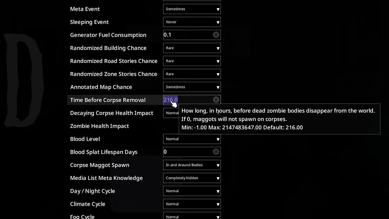 Settings menu showing options for corpse removal time and blood splat lifespan.