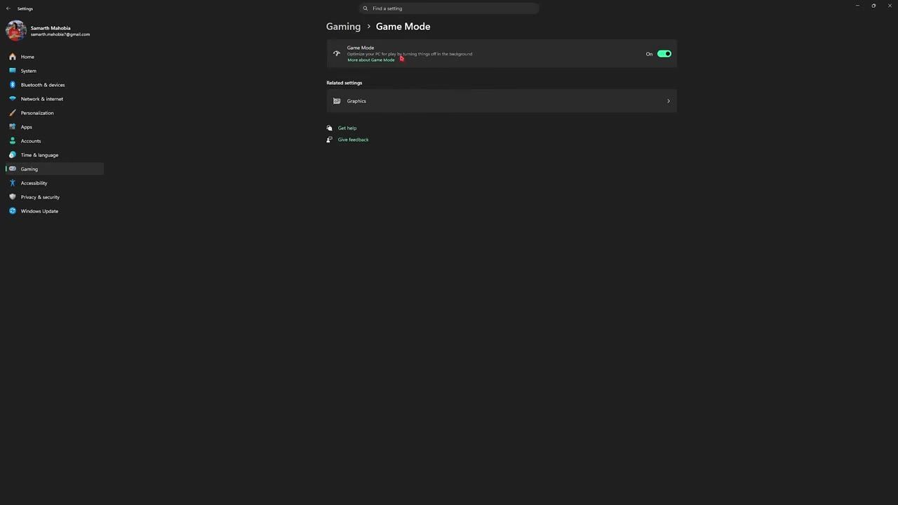 Screenshot of Windows settings showing Game Mode options under the Gaming section.