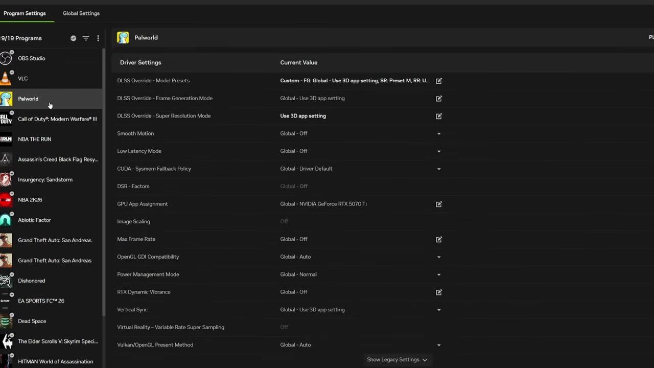 The Nvidia control panel displaying driver settings including DLSS override options.