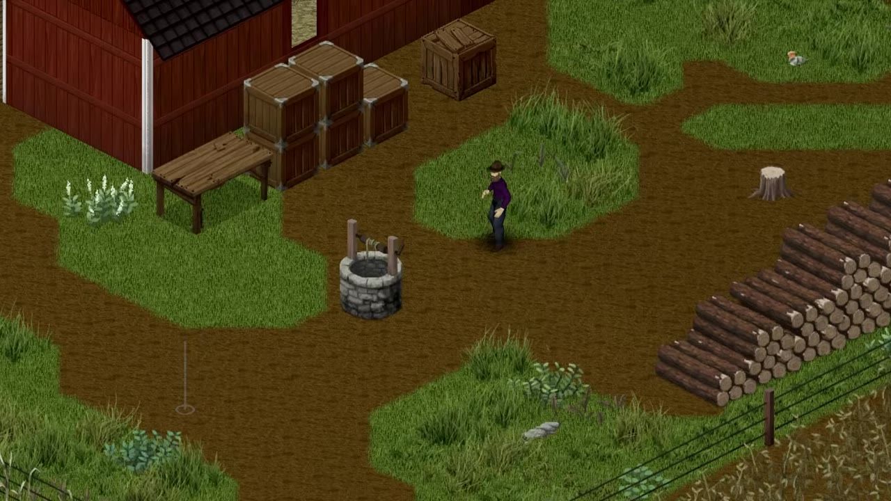 An isometric survival game base shows a red building, stacked crates, a stone well, scattered grass patches, a character standing nearby, and a large log wall or barricade on the right edge.