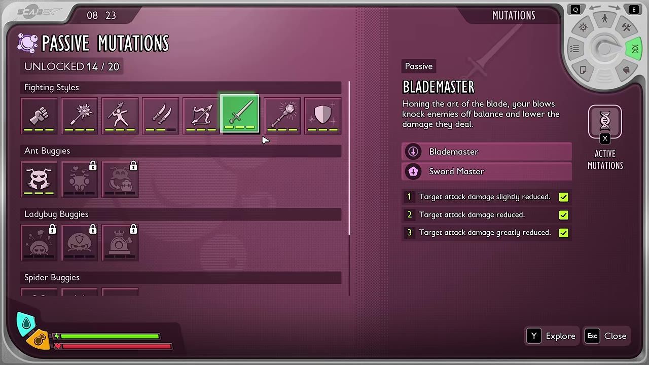 Interface showing passive mutations including Blade Master with details and a selection cursor.