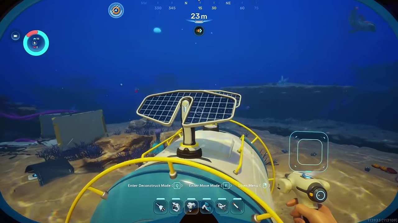 An underwater base with a solar panel mounted on top, surrounded by seabed and marine environment.