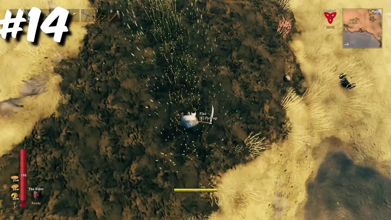A game scene showing a character gathering flax while performing farming actions in a field.