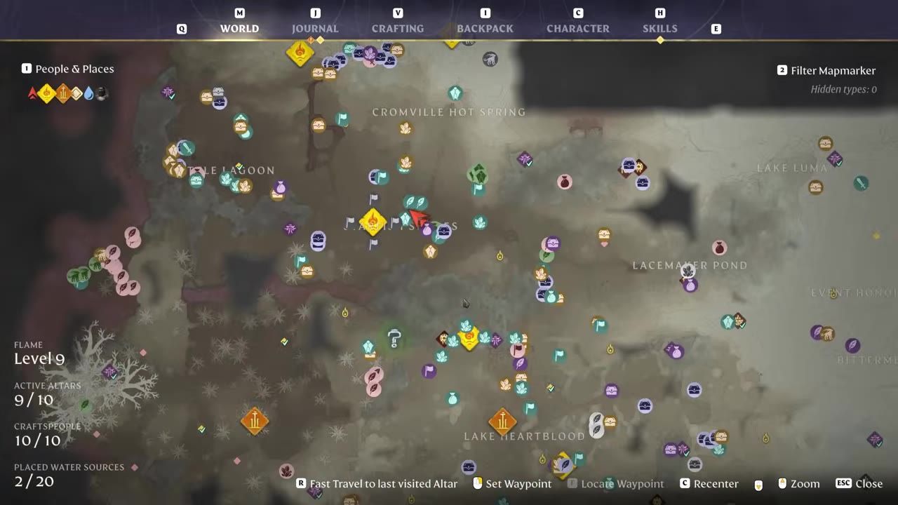 A game map screen displaying various markers over a large area.