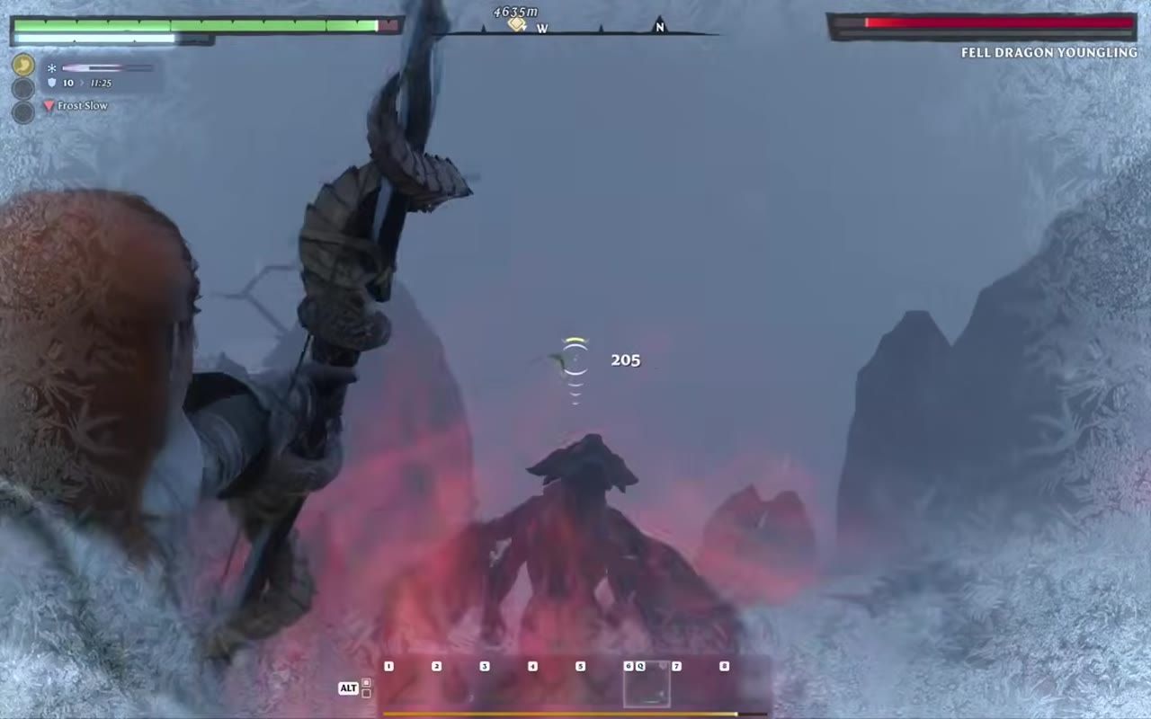A player aims a bow at a dragon-like boss while standing at a high, icy terrain.