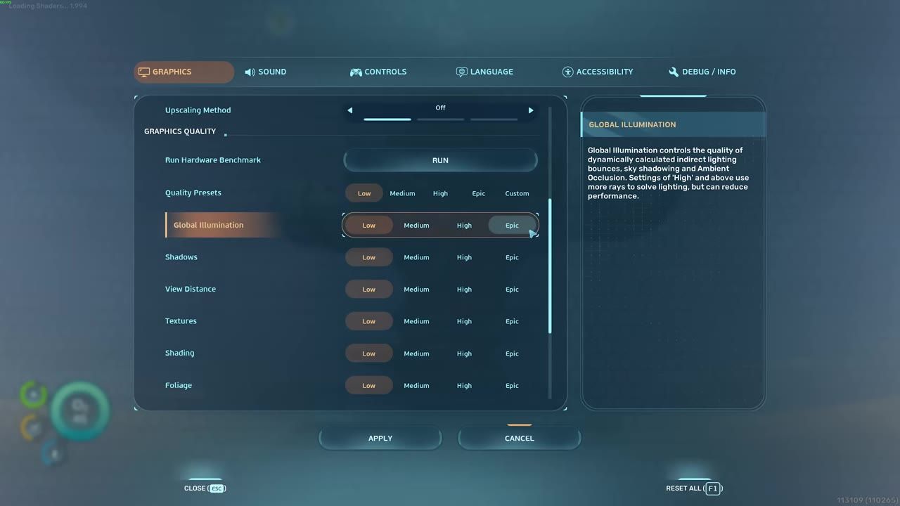 Graphics settings screen with 'Run Hardware Benchmark' option shown.